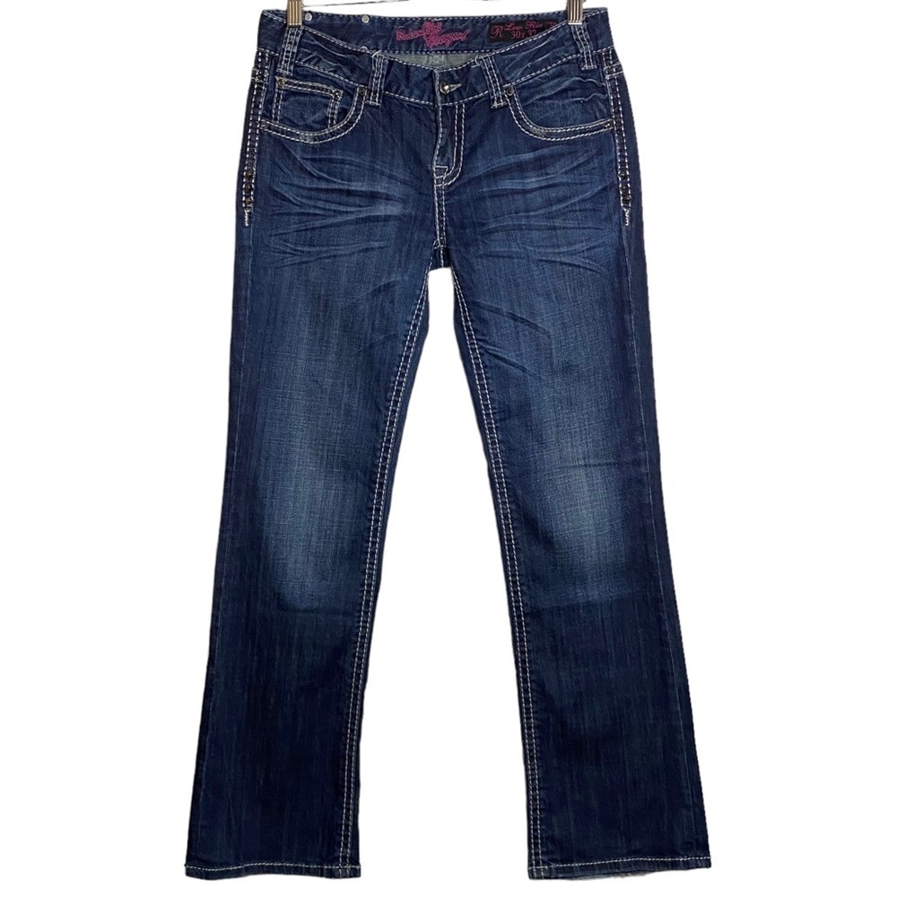 Rock and Roll Cowgirl Low Rise Studded Embellished Dark Blue Boot Cut Jeans 30